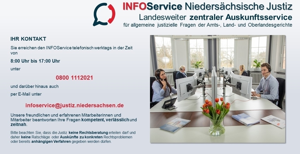 Grafik mit Kontaktdaten zum Info-Service Nds. Justiz